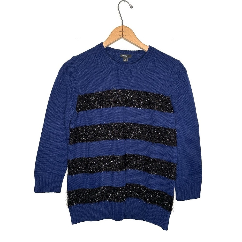 Ann Taylor | Navy and Black Fuzzy Stripe Cashmere Blend Sweater Size Medium